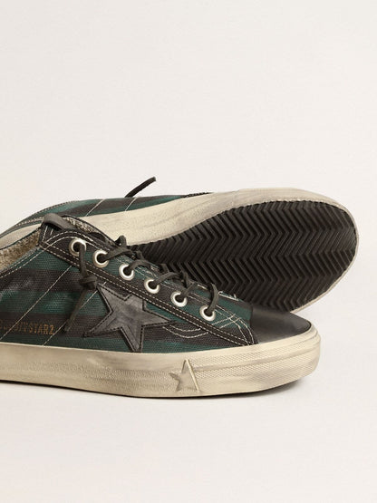 Golden Goose Mens V-Star In Black And Green Striped Canvas With Black Leather Star And Toe Mens