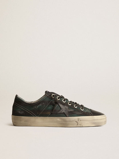 Golden Goose Mens V-Star In Black And Green Striped Canvas With Black Leather Star And Toe Mens