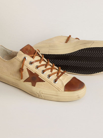 Golden Goose Mens V-Star In Cream Canvas With Tobacco Leather Star Mens