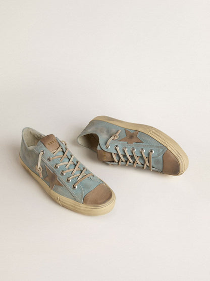 Golden Goose Mens V-Star In Light Blue Canvas With Dove-Gray Leather Star Mens