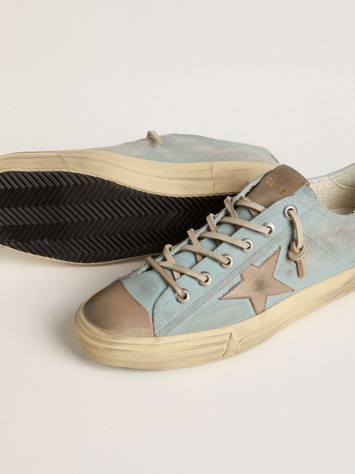 Golden Goose Mens V-Star In Light Blue Canvas With Dove-Gray Leather Star Mens
