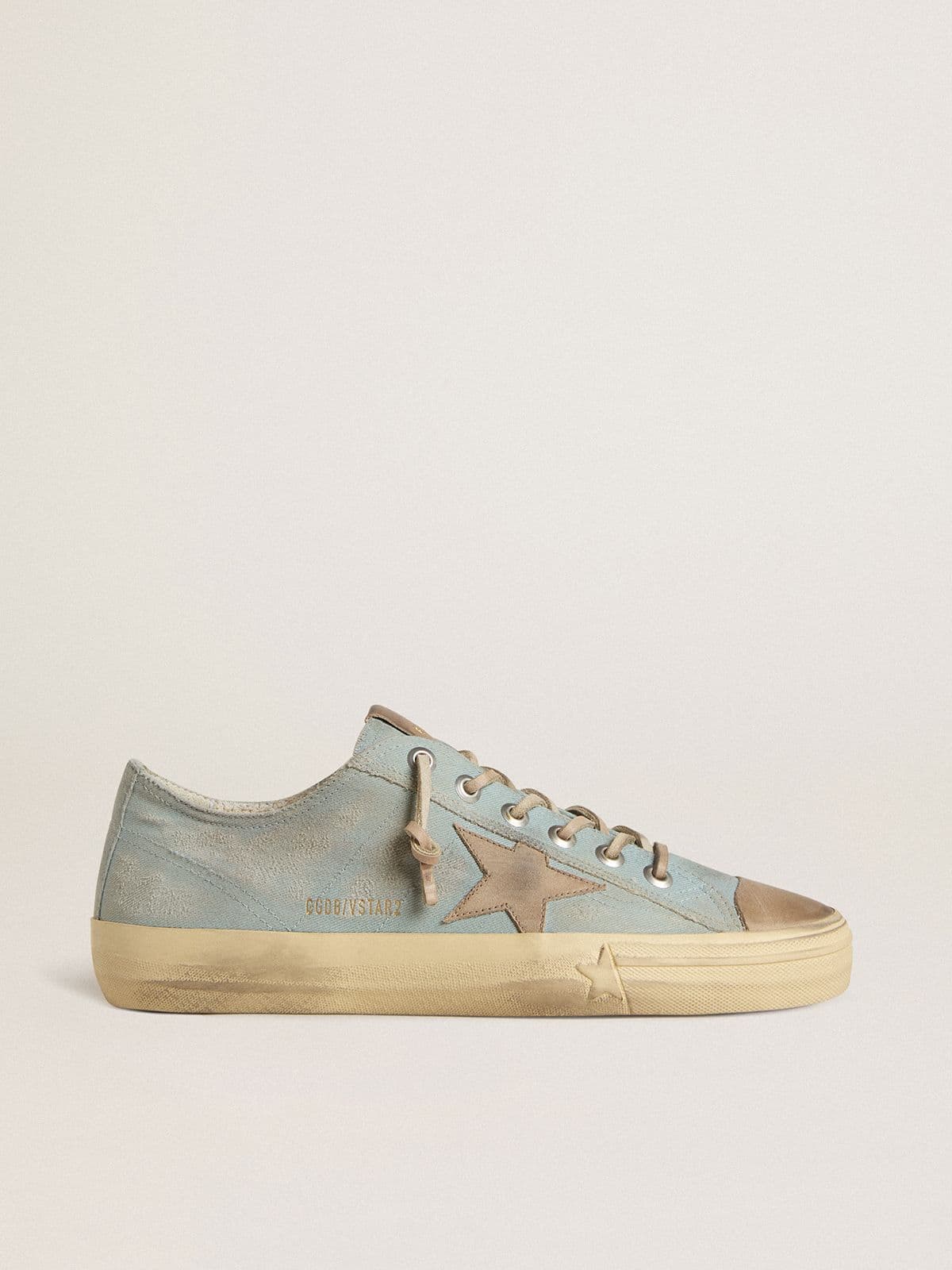 Golden Goose Mens V-Star In Light Blue Canvas With Dove-Gray Leather Star Mens