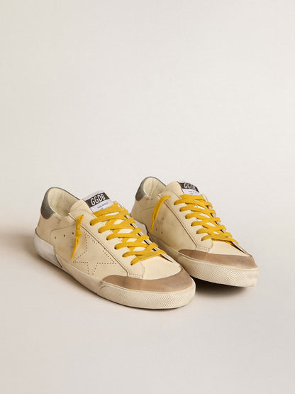 Golden Goose Mens Super-Star In Leather With Perforated Star And Gray Suede Heel Tab Mens