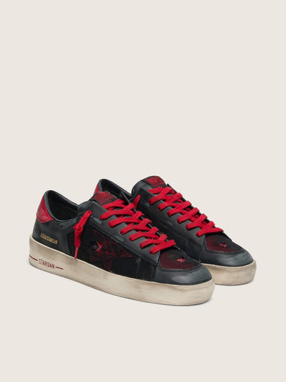 Golden Goose Mens Stardan In Black Leather With Red Star And Black Mesh And Red Leather Inserts Mens