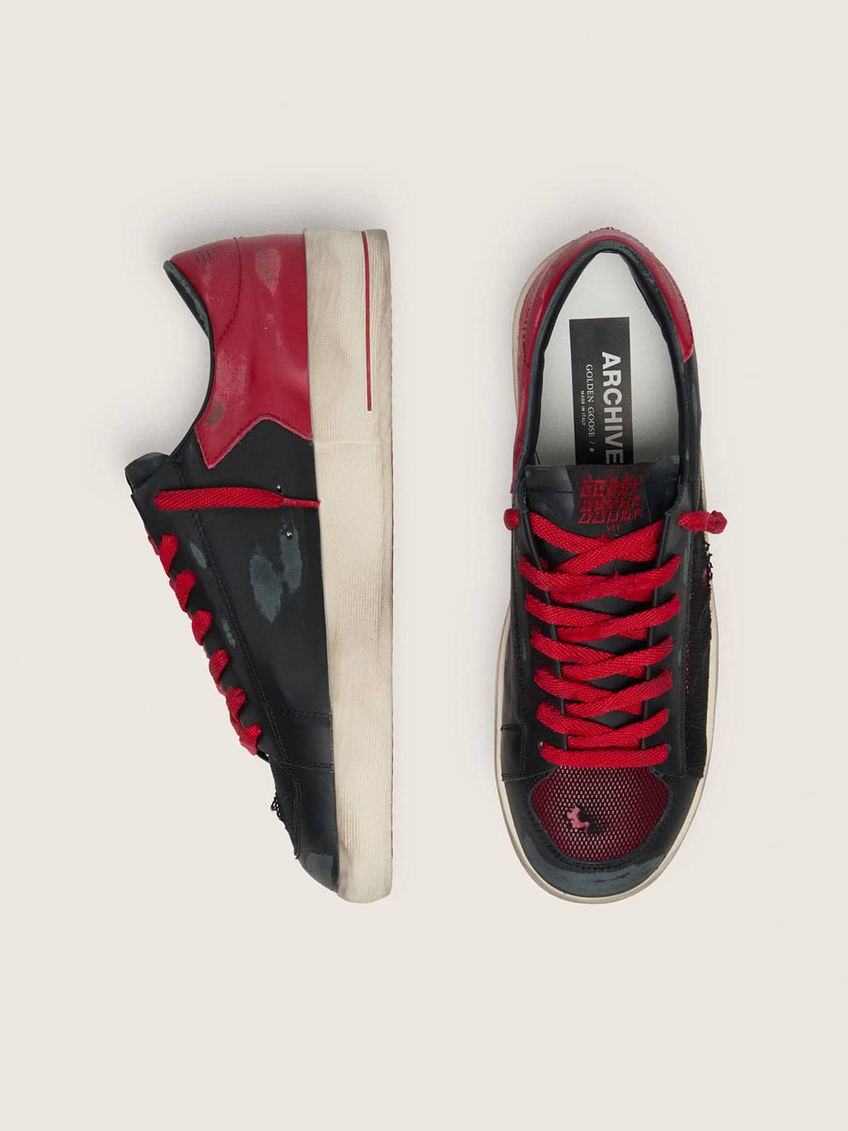 Golden Goose Mens Stardan In Black Leather With Red Star And Black Mesh And Red Leather Inserts Mens