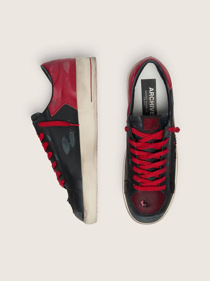 Golden Goose Mens Stardan In Black Leather With Red Star And Black Mesh And Red Leather Inserts Mens