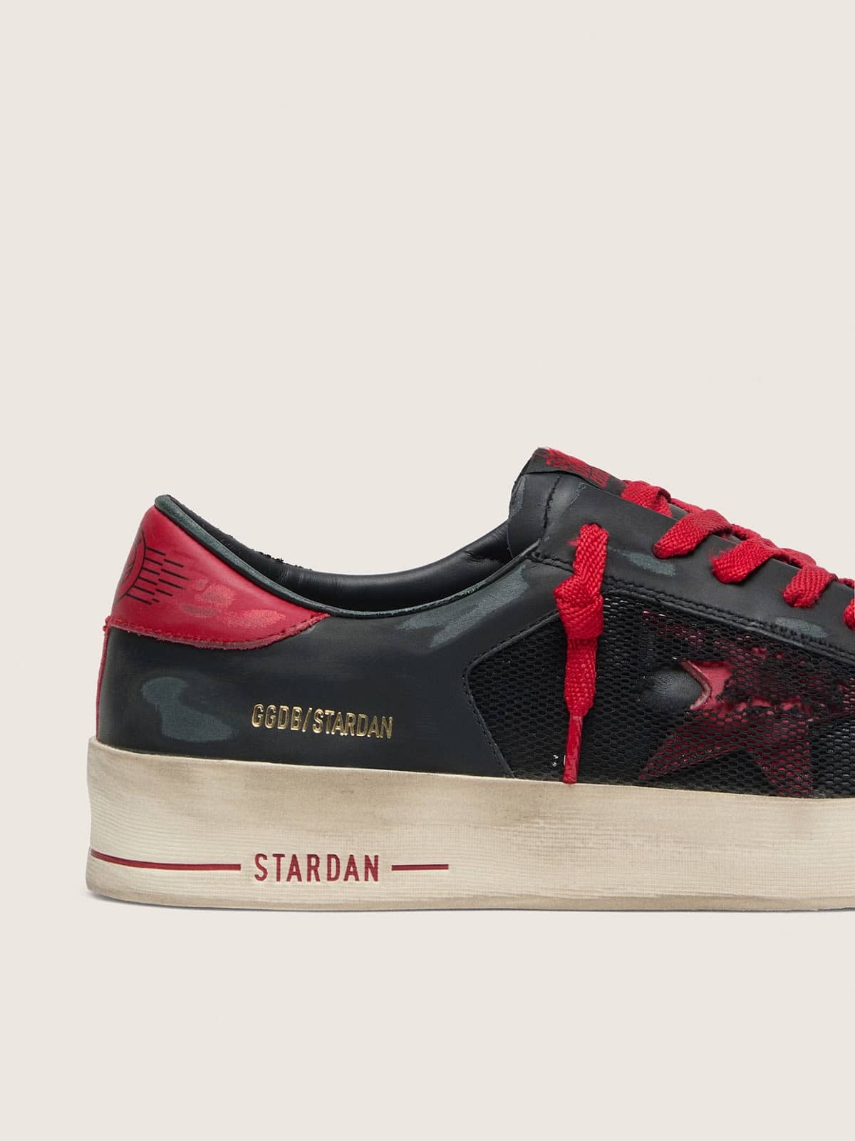 Golden Goose Mens Stardan In Black Leather With Red Star And Black Mesh And Red Leather Inserts Mens