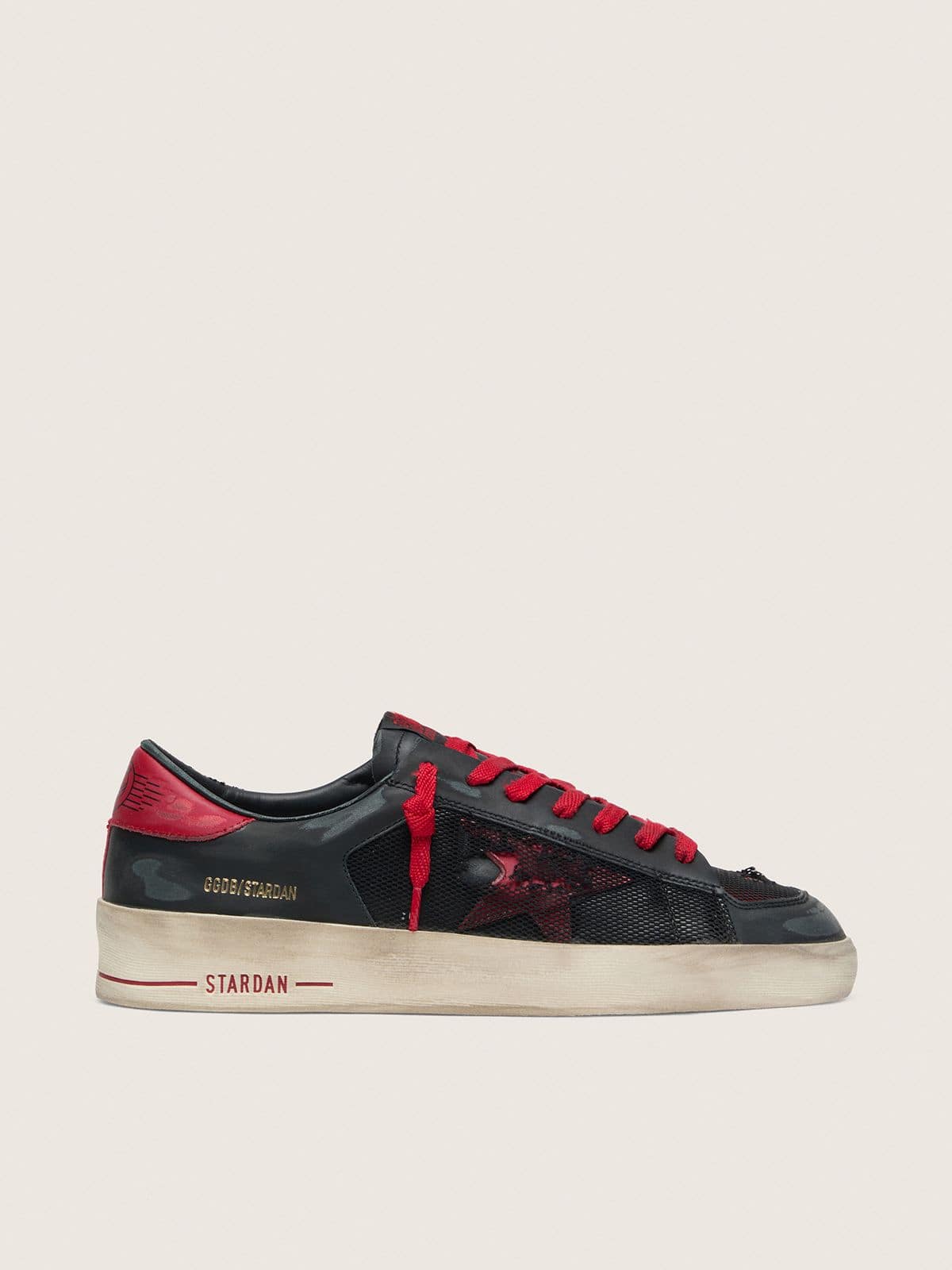 Golden Goose Mens Stardan In Black Leather With Red Star And Black Mesh And Red Leather Inserts Mens