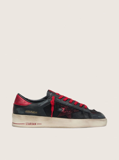 Golden Goose Mens Stardan In Black Leather With Red Star And Black Mesh And Red Leather Inserts Mens
