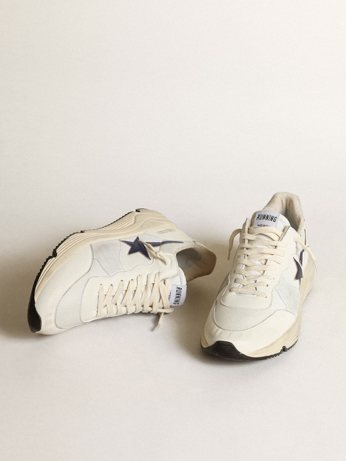 Golden Goose Running Sole In White Leather And Mesh With Blue Laminated Leather Star Mens