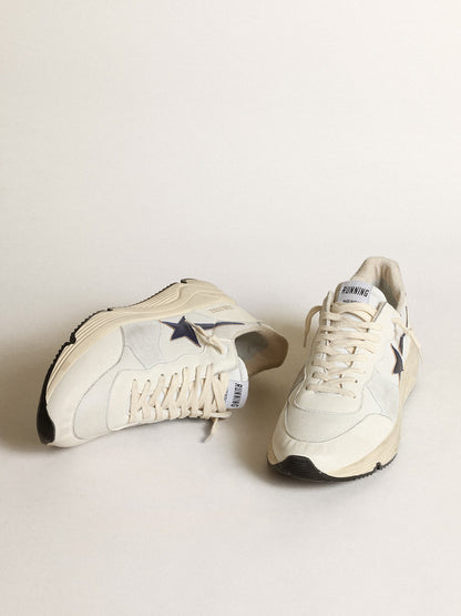 Golden Goose Running Sole In White Leather And Mesh With Blue Laminated Leather Star Mens