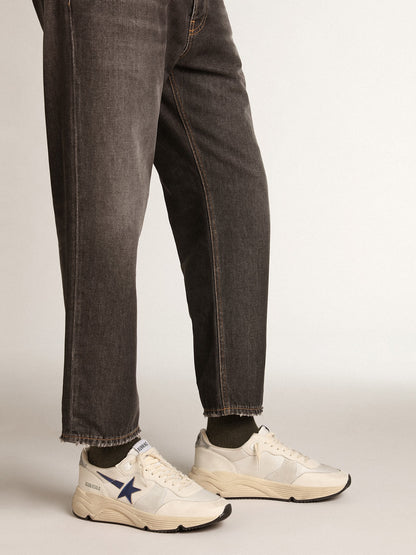 Golden Goose Running Sole In White Leather And Mesh With Blue Laminated Leather Star Mens