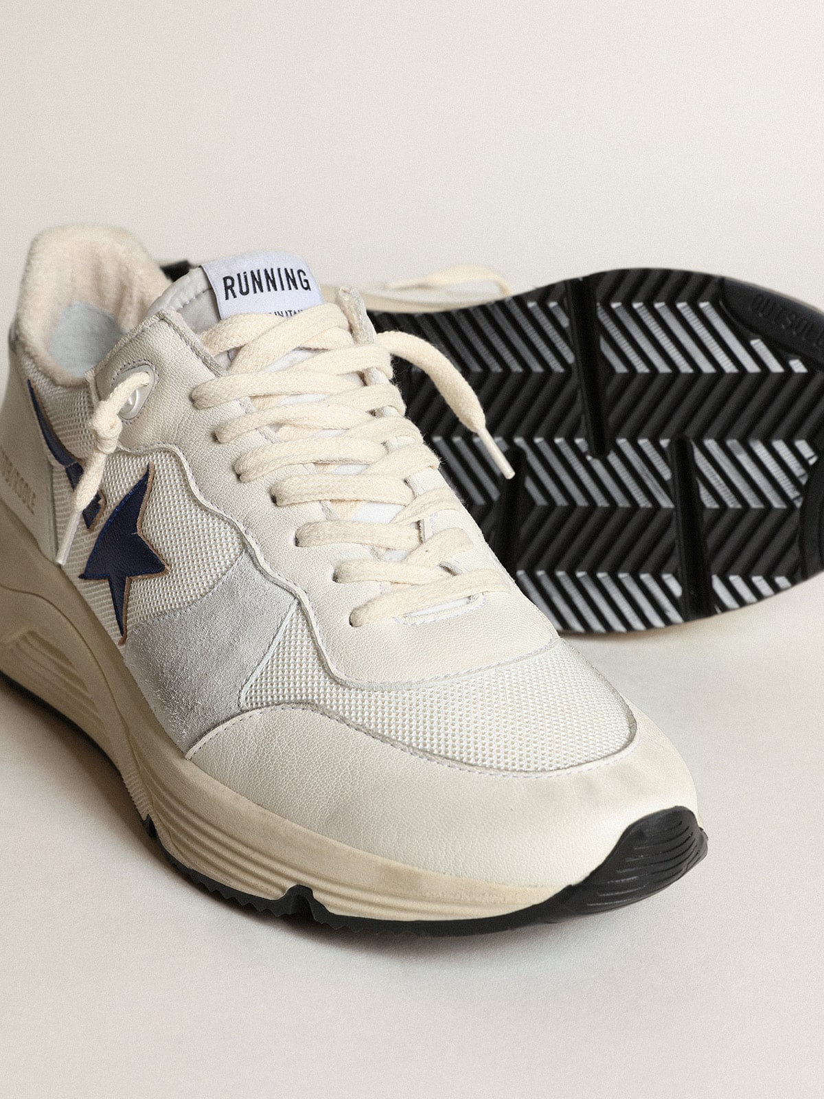 Golden Goose Running Sole In White Leather And Mesh With Blue Laminated Leather Star Mens