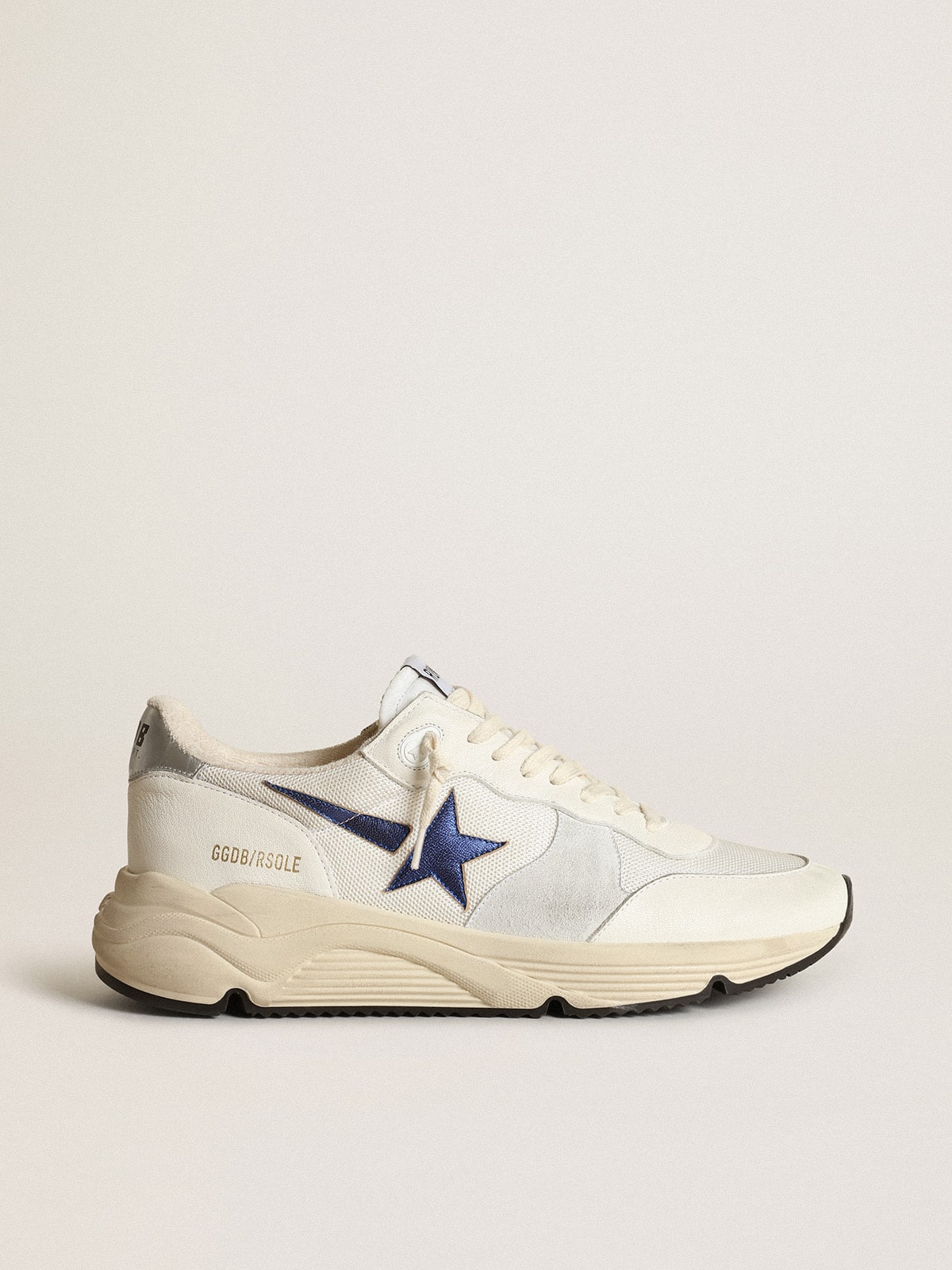 Golden Goose Running Sole In White Leather And Mesh With Blue Laminated Leather Star Mens