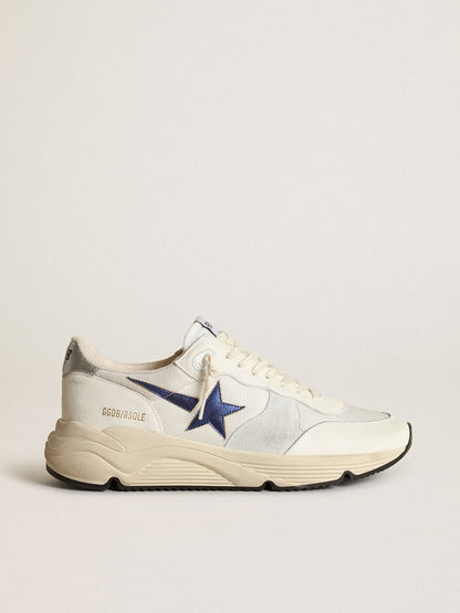 Golden Goose Running Sole In White Leather And Mesh With Blue Laminated Leather Star Mens