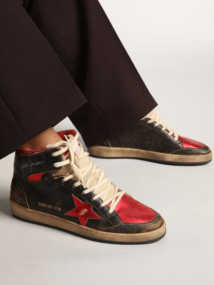 Golden Goose Mens Sky-Star In Glossy Black Leather With Red Star Mens