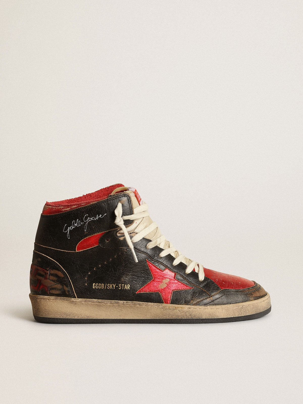 Golden Goose Mens Sky-Star In Glossy Black Leather With Red Star Mens