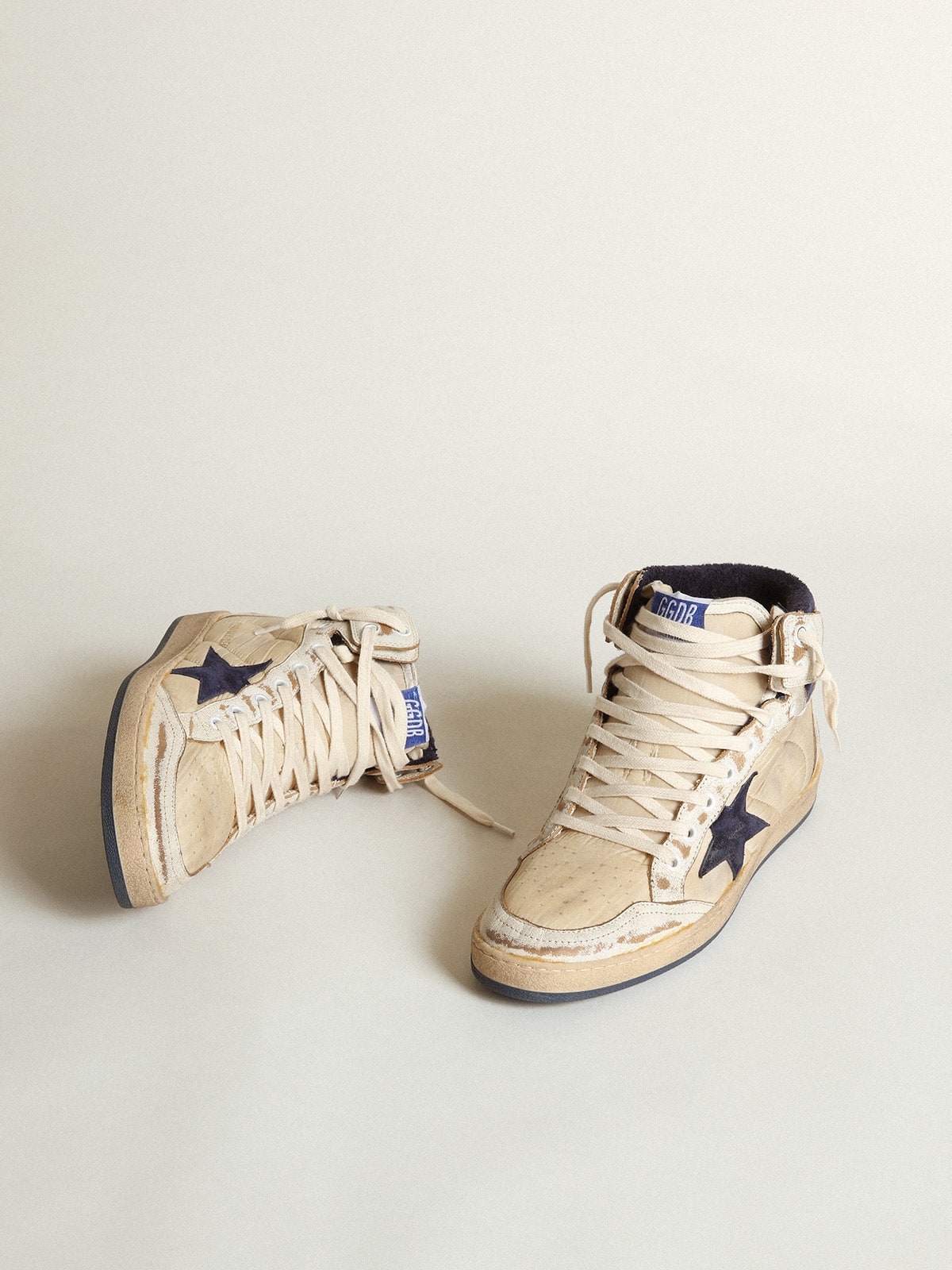 Golden Goose Mens Sky-Star In Cream-Colored Nylon And Leather With Blue Suede Star Mens