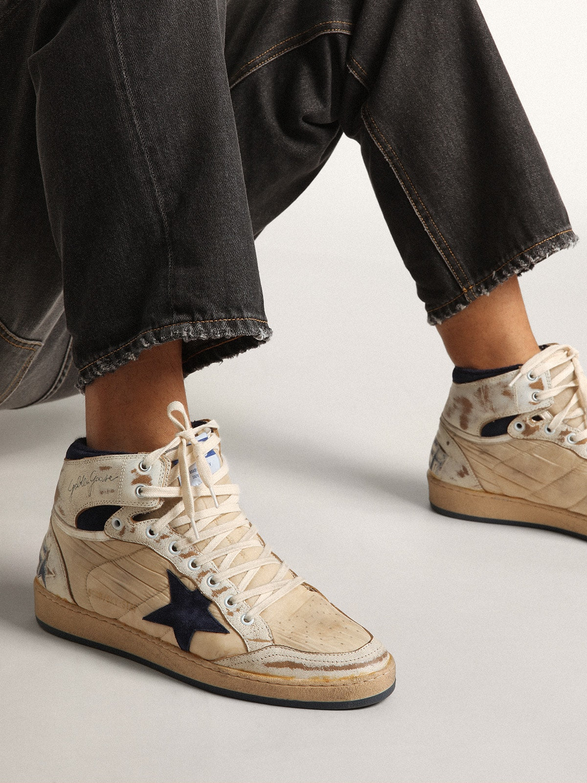 Golden Goose Mens Sky-Star In Cream-Colored Nylon And Leather With Blue Suede Star Mens