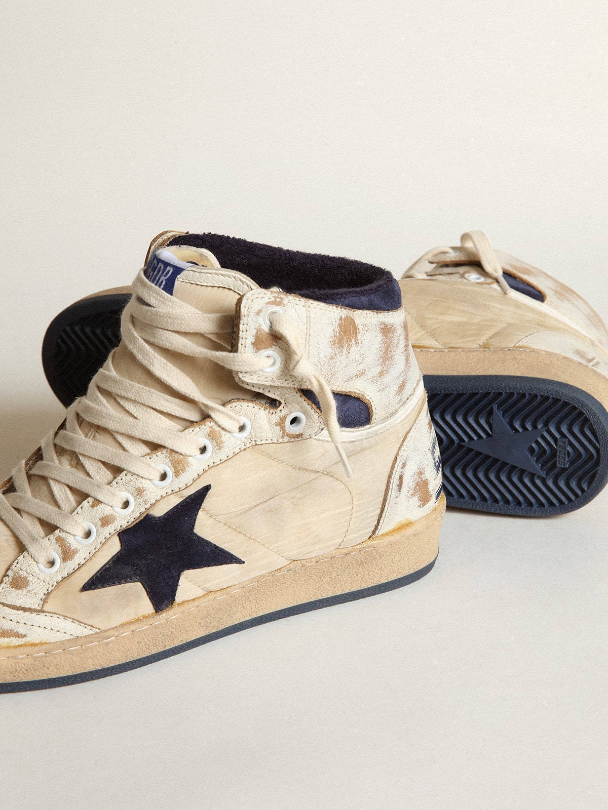 Golden Goose Mens Sky-Star In Cream-Colored Nylon And Leather With Blue Suede Star Mens