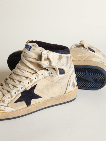 Golden Goose Mens Sky-Star In Cream-Colored Nylon And Leather With Blue Suede Star Mens