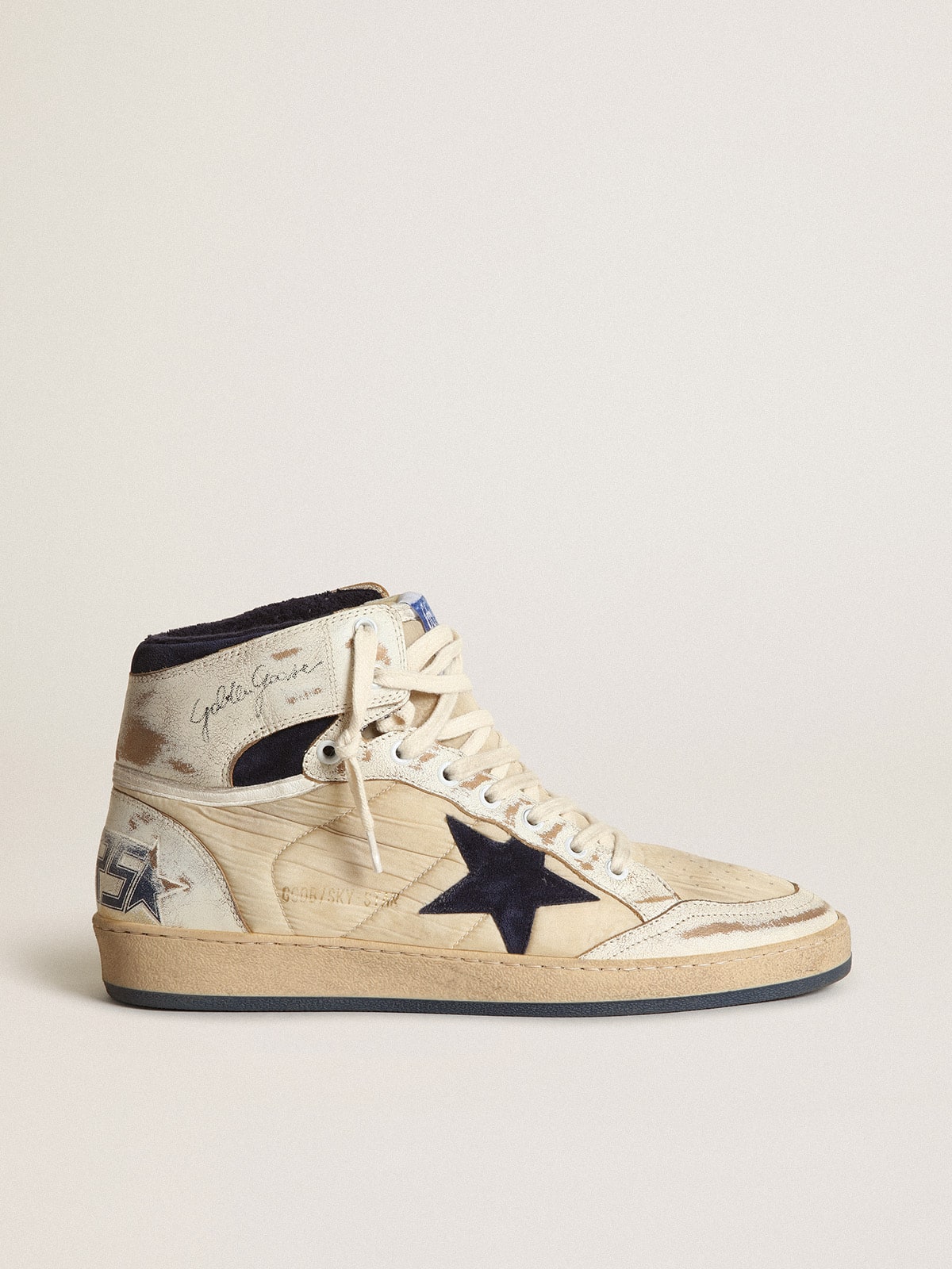 Golden Goose Mens Sky-Star In Cream-Colored Nylon And Leather With Blue Suede Star Mens