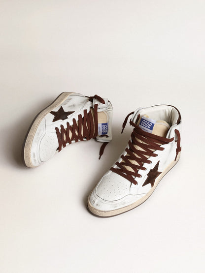Golden Goose Mens Sky-Star In White Nappa Leather With A Chocolate Suede Star Mens