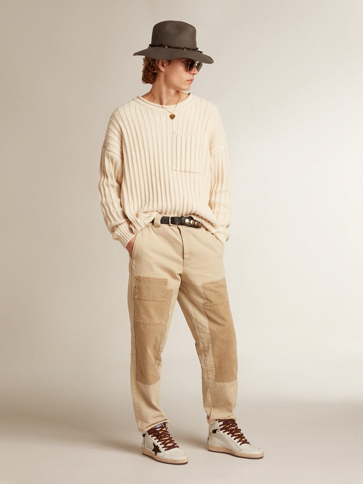 Golden Goose Mens Sky-Star In White Nappa Leather With A Chocolate Suede Star Mens
