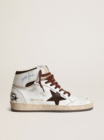 Golden Goose Mens Sky-Star In White Nappa Leather With A Chocolate Suede Star Mens