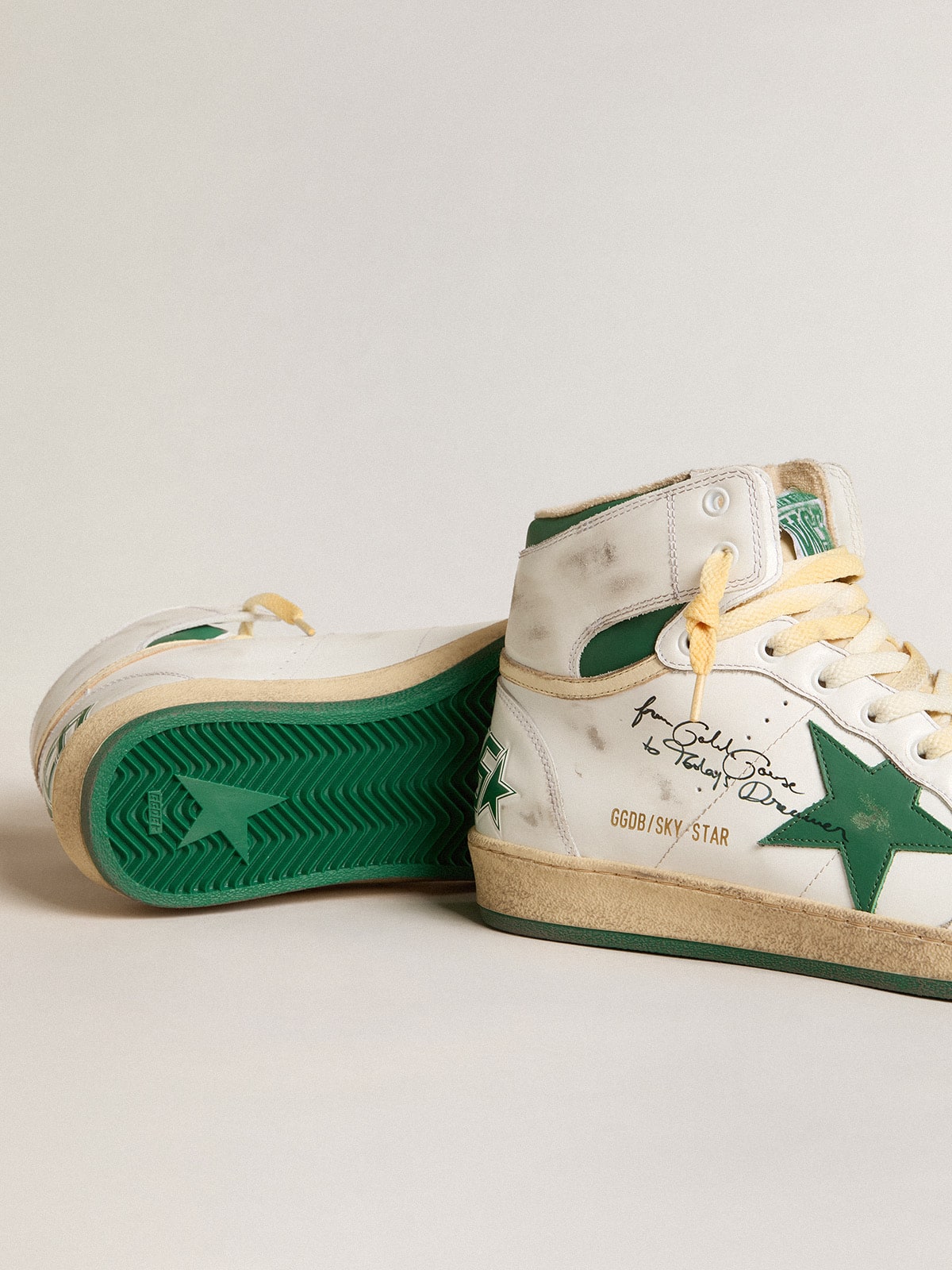 Golden Goose Sky-Star In White Leather With Green Leather Star Mens