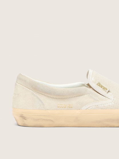 Golden Goose Mens Vce Penstar In Beige Suede And Pearl-Colored Sequins Mens