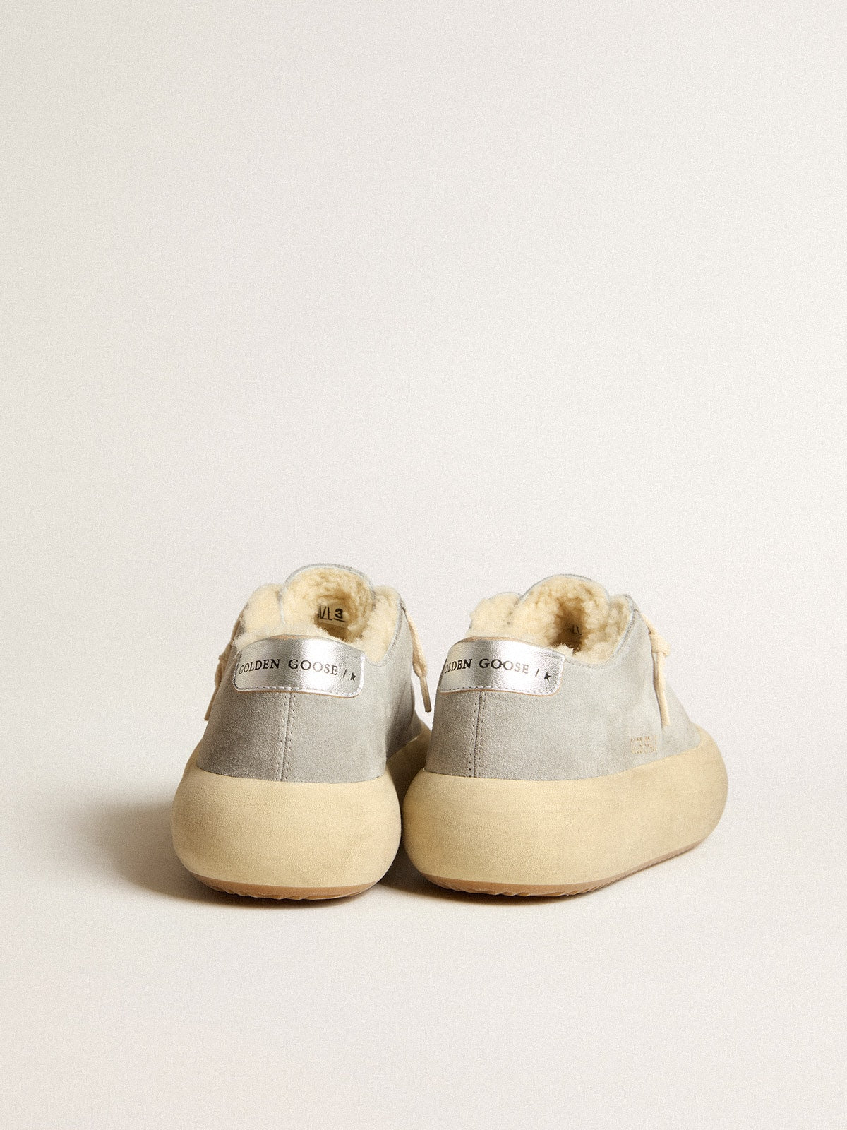 Golden Goose Mens Space-Star Shoes In Ice-Gray Suede With Shearling Lining Mens