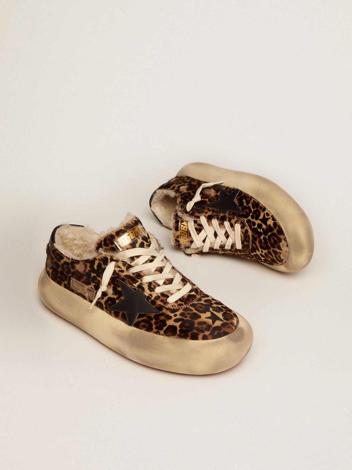 Golden Goose Mens Space-Star In Animal Print Pony Skin And Shearling Lining Mens