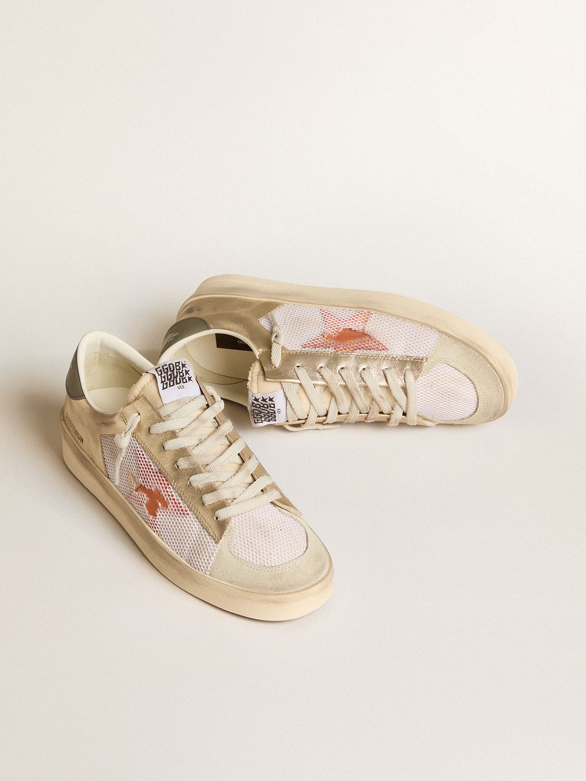 Golden Goose Stardan In White Mesh With Orange Star And Platinum Leather Inserts Mens