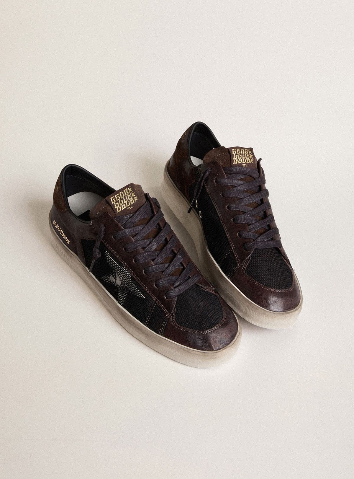 Golden Goose Mens Stardan In Brown Suede And Black Mesh With White Leather Star And Nappa Leather Inserts Mens