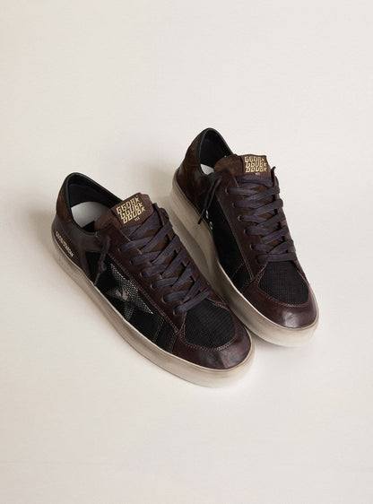 Golden Goose Mens Stardan In Brown Suede And Black Mesh With White Leather Star And Nappa Leather Inserts Mens