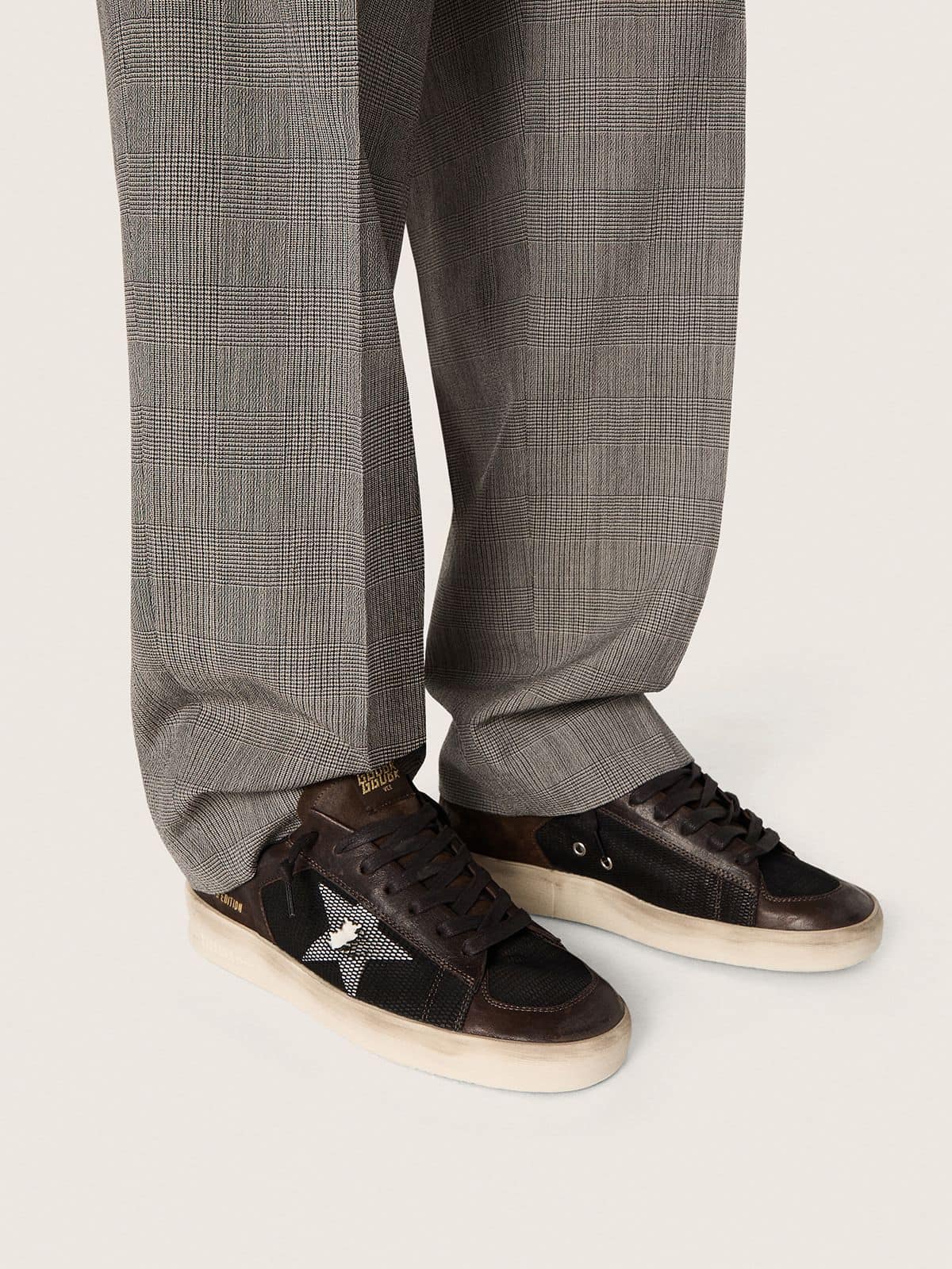 Golden Goose Mens Stardan In Brown Suede And Black Mesh With White Leather Star And Nappa Leather Inserts Mens