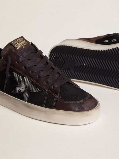 Golden Goose Mens Stardan In Brown Suede And Black Mesh With White Leather Star And Nappa Leather Inserts Mens