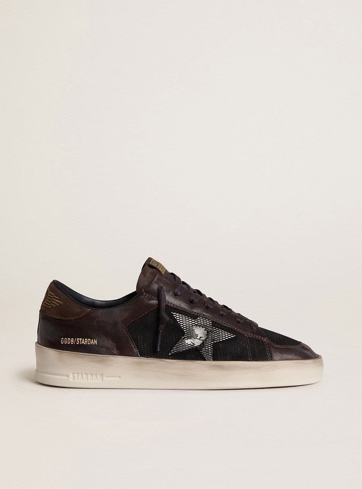 Golden Goose Mens Stardan In Brown Suede And Black Mesh With White Leather Star And Nappa Leather Inserts Mens