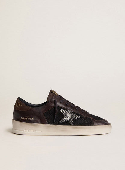 Golden Goose Mens Stardan In Brown Suede And Black Mesh With White Leather Star And Nappa Leather Inserts Mens