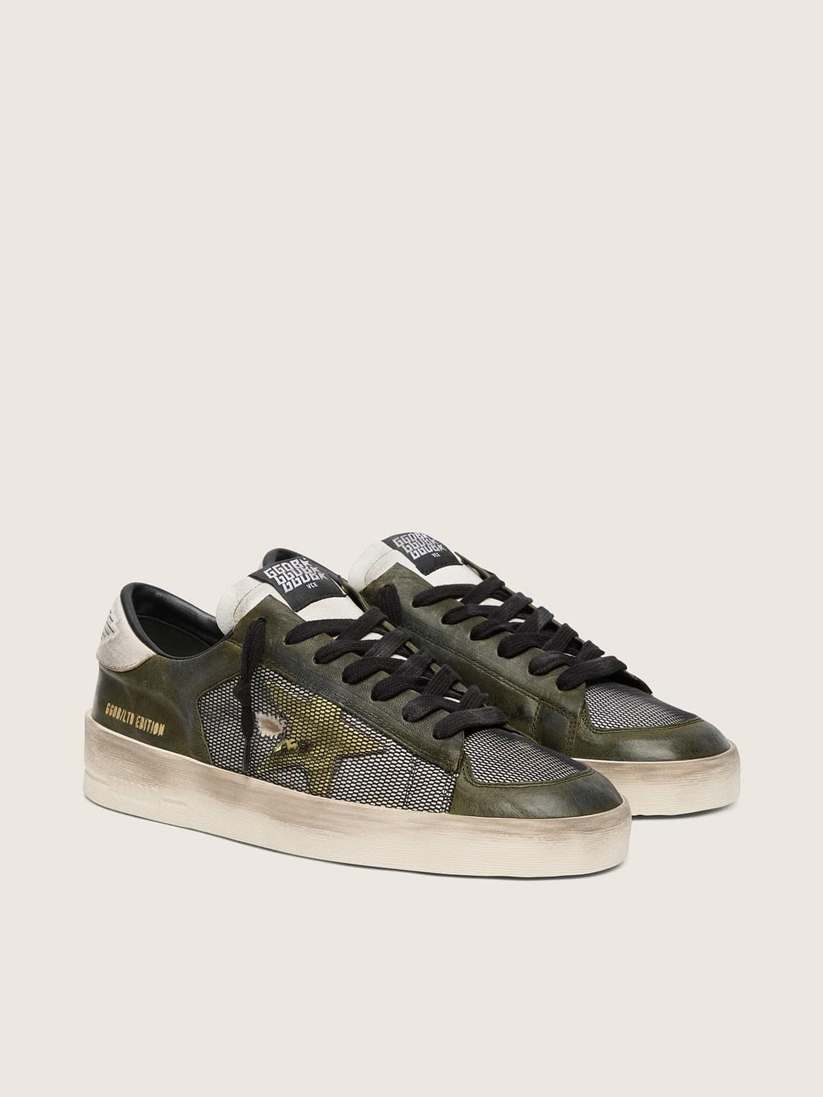 Golden Goose Mens Stardan Ltd In White And Olive-Green Leather With Black Mesh And Yellow Leather Star Mens