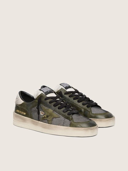 Golden Goose Mens Stardan Ltd In White And Olive-Green Leather With Black Mesh And Yellow Leather Star Mens