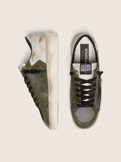 Golden Goose Mens Stardan Ltd In White And Olive-Green Leather With Black Mesh And Yellow Leather Star Mens