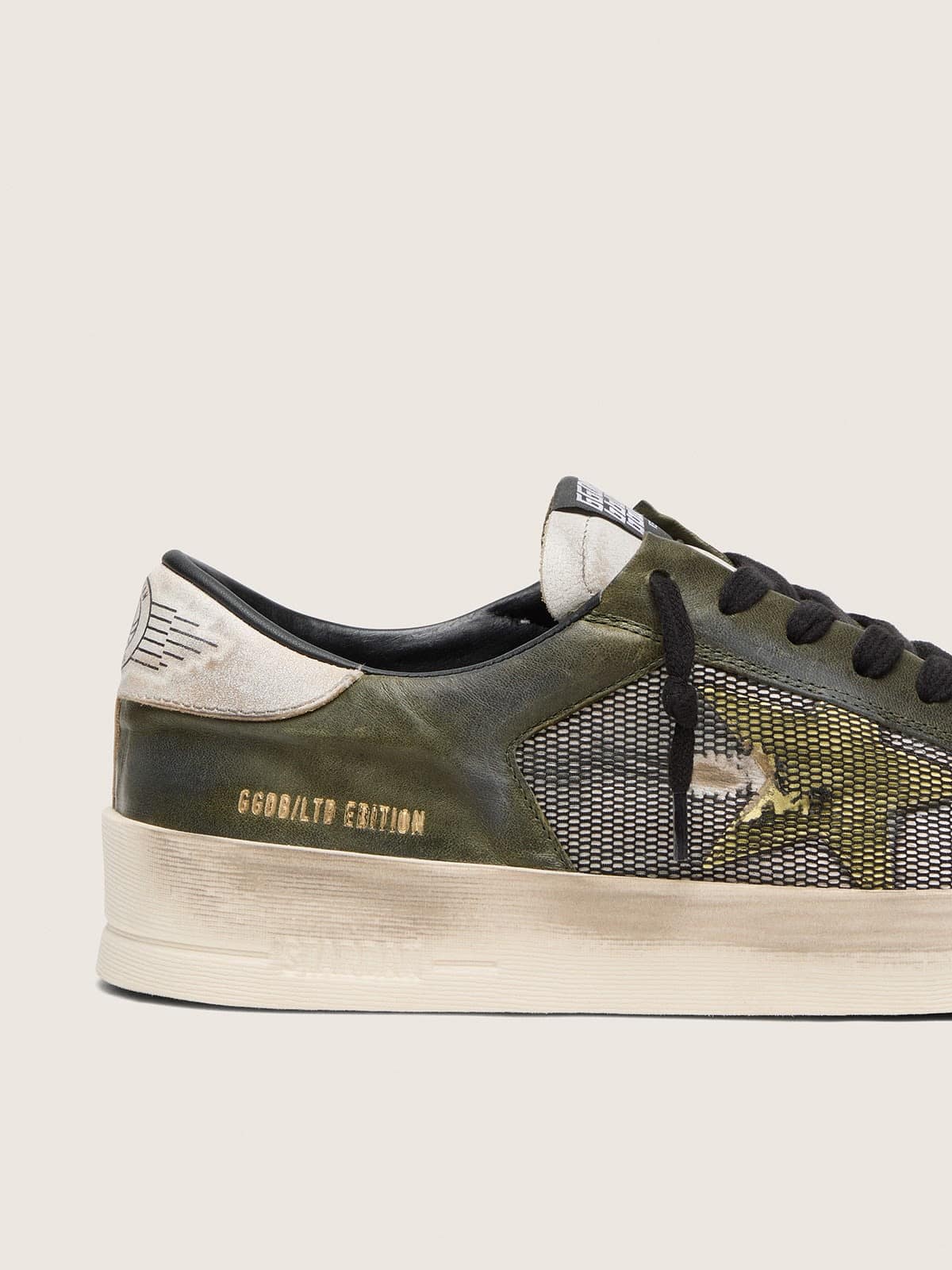 Golden Goose Mens Stardan Ltd In White And Olive-Green Leather With Black Mesh And Yellow Leather Star Mens