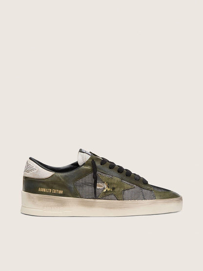 Golden Goose Mens Stardan Ltd In White And Olive-Green Leather With Black Mesh And Yellow Leather Star Mens