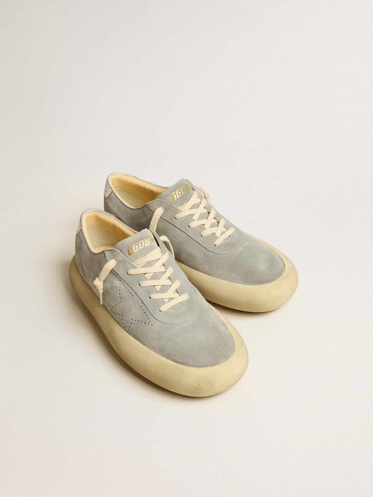 Golden Goose Mens Space-Star Shoes In Ice-Gray Suede With Perforated Star Mens