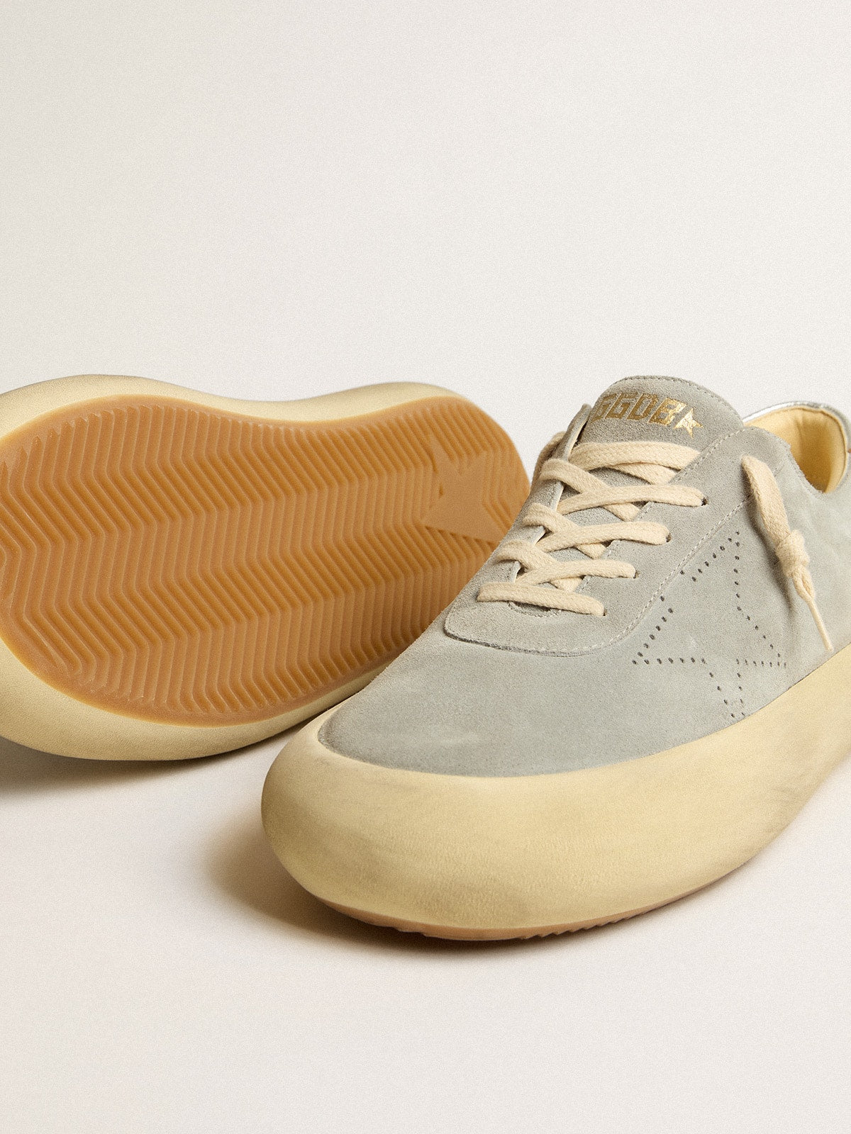 Golden Goose Mens Space-Star Shoes In Ice-Gray Suede With Perforated Star Mens
