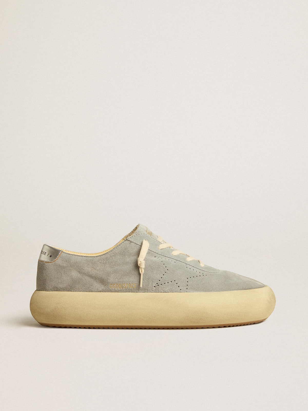 Golden Goose Mens Space-Star Shoes In Ice-Gray Suede With Perforated Star Mens