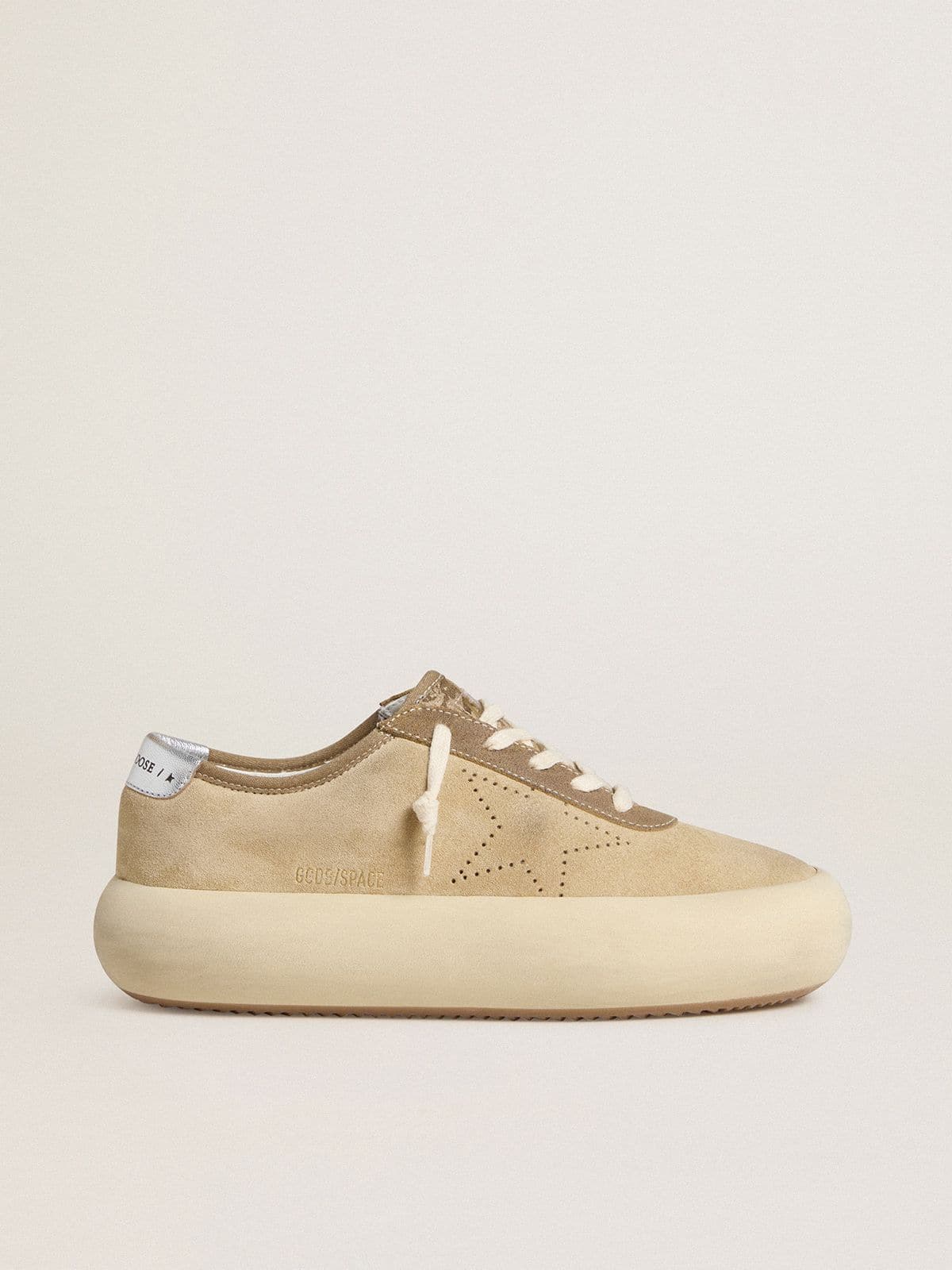 Golden Goose Mens Space-Star In Beige Suede With Perforated Star And Metallic Silver Heel Tab Mens