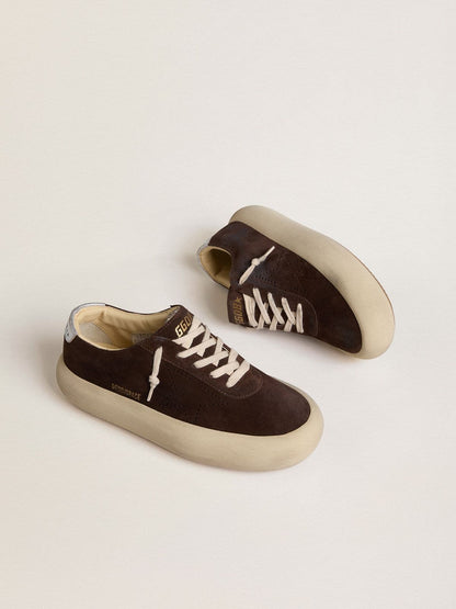 Golden Goose Mens Space-Star In Dark Brown Suede With Metallic Silver Heel Tab Mens
